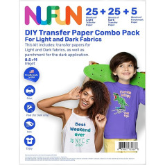 NuFun Activities Inkjet Printable Heat Transfer Paper Iron On Light and Dark Combo Pack 8.5 x 11 Inch, 25 Sheets Light/25 Sheets Dark