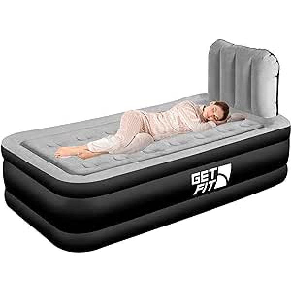 Get Fit Air Bed with Built-in Electric Pump - 99 x 196 cm Premium Single Air Bed - Inflatable Bed with Headboard and Free Inflatable Cushion - Raised Inflatable for Camping