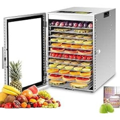 Kwasyo Dehydrator Stainless Steel, Double Fan, 360° Efficient Dry, Dehydrator 12 Levels, 20-90°C Temperature Control, 24 Hour Timer, Overheating Protection, Recipe Book for Meat, Fruit, Vegetables, Herbs