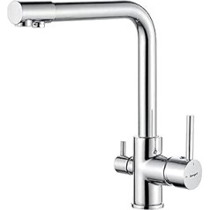 Ibergrif Kitchen Tap 3-Way Tap with Filter Mixer Tap Kitchen 360° Rotatable with 3 Hoses (50 cm) and Double Lever, Tap for Hot/Cold/Purified Water, Brass