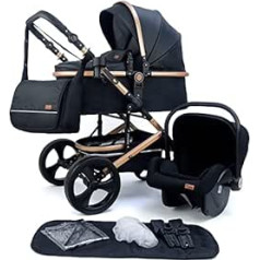Pixini Pushchair Kalani 3-in-1 Combination Pram, incl. Baby Carrycot, Buggy and Baby Car Seat - Changing Bag, Cup Holder, Rain Cover in Gold / Black