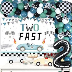 Two Fast Birthday Decorations Boy Vintage Balloon Garland Kit with Two Fast Background Checked Foil Balloons, Racing Car Flags, Retro Let's Go Racing 2nd Birthday Party Supplies