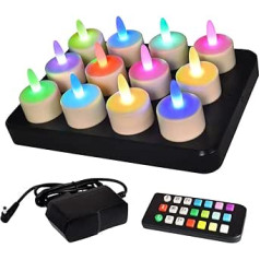 idyl light Rechargeable LED Tea Lights with Remote Control, 55 Flickering Hours Burning Time, Waterproof Flameless Candles with Timer Function for Party, Family, Home Decoration, Pack of 12, RGB