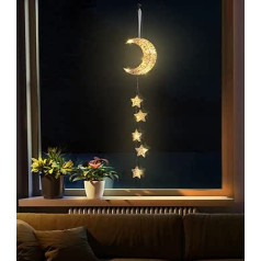 Lewondr Indoor Fairy Lights, Rattan Moon Stars Fairy Lights, Decorative Light with Timer Function, Decorative Hanger, Battery Operated LED Lights for Children's Room, Bedroom, Party Decoration, White