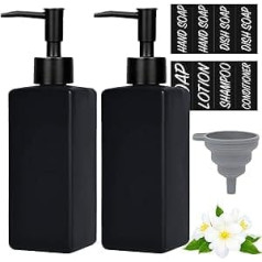 Matte Black Glass Soap Dispenser, 350 ml Refillable Pump Dispenser, Washing Up Liquid Bottle with 8 Labels, 2 Coasters, Vintage Soap Dispenser for Bathroom, Shower, Worktop, Kitchen, Square