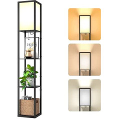 Floor Lamp with Wooden Shelf, Living Room Floor Lamp with E27 Bulb, 3 Colour Temperatures, Floor Lamp 1.62 m with Lampshade, Modern Black Floor Lamp with 3 Wooden Shelves for Living Room, Bedroom,