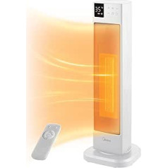 Midea NTH20-22ER(WH) Fan Heater Energy-Saving Quiet with Remote Control, PTC 2000 Watt Ceramic Fan Heater with Thermostat, 2 Heat Settings, 24H Timer, Eco Mode, for Large Rooms, 75° Oscillation, 58 cm