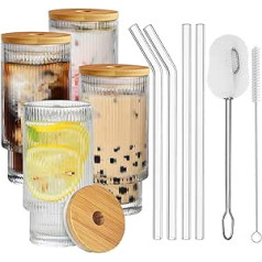 ZASTION ALINK Ribbed Glassware Set of 4, Ribbed Drinking Glass Cups 11 oz with Bamboo Lids and Glass Straws, Vintage Iced Coffee Cups, Origami Style Ridged Glass Tumbler for Coocktail, Whiskey, Water