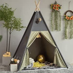 TreeBud Teepee Tent for Children with Padded Mat, Foldable Dark Tones Play Tents for Girls and Boys with Carry Bag, Canvas Teepee Playhouse for Children, Indoor and Outdoor Use