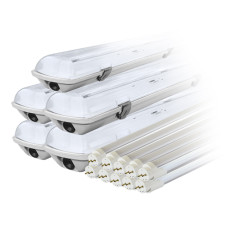 Komplektā: 5x hermētiska IP65 LED lampa 1-puse + 10x LED dienasgaismas spuldze 120cm 18w T8 6000k 1-puse aukstā