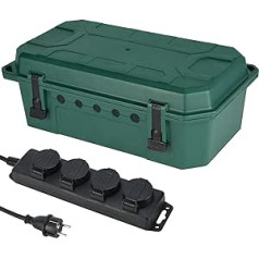 Electraline 300181 Waterproof Protective Box for Outdoor Use, Weatherproof IP54 with Included 4-Way Power Strip, IP44 Sockets with Caps, 5 m Cable H05RR-F 3G1.5, Green, X-Large