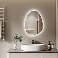 S'AFIELINA Mirror with Lighting, Asymmetrical LED Bathroom Mirror 60 x 45 cm with Touch Switch, Dimmable, 3 Light Colours, Adjustable, Anti-Fog Bathroom Mirror with Lighting