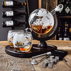 MikaMax - Globe Decanter Deluxe Set - Globe Decanter - Whisky Carafe - Includes 2 Whisky Globe Glasses - 900ml - Transparent - Glass Decanter Set