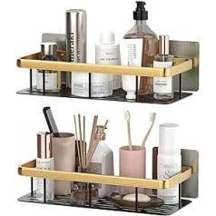 HurLuksi Shower Shelf 2 Pack No Drilling Gold Self Adhesive Wall Mounted Bathroom Storage Rustproof Shower Organizer for Bathroom and Kitchen Storage (Black/Gold)