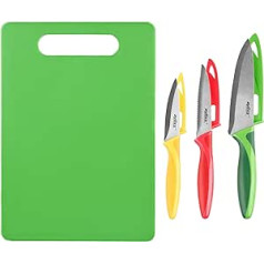 Zyliss E72404 Knife Set 3-Piece with Chopping Board, 9 cm/10 cm/14 cm, Green/Red/Gleb, Kitchen Knife Set, Chef's Knife, Paring Knife, Vegetable Knife, 5 Year Warranty