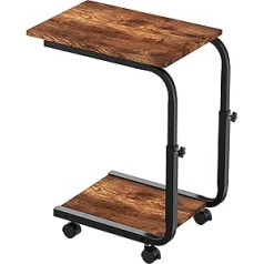 Simpdiy Side Table, Height-Adjustable Side Table, Bedside Table with 4 Wheels for Sofa, Bedroom, Living Room, Office, Small Coffee Table, Heavy Duty Iron, Rustic Brown