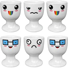 MIJOMA Set of 6 Egg Cups Egg Holder Egg Stand White with Faces Decoration #3 Made of Porcelain Each 6.5 x 5 cm