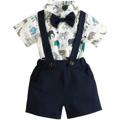 Fashion Toddler Clothes Set Newborn Infant Boys Short Sleeve Cartoon Print Bow Tie Romper Suspenders Pants Outfits