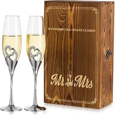 Inweder Champagne Glasses with Engraving Wooden Gift Box - Set of 2 Silver Champagne Glasses Gift Wedding for Bride and Groom Wine Glasses Drinking Glasses Birthday Anniversary Bridesmaid Engagement