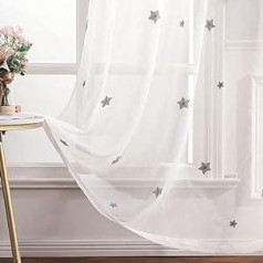 Miulee Sheer Curtain Voile, Star Embroidery Curtains with Eyelets, Transparent Curtain, 2 Pieces, Eyelet Curtain, Window Curtain for Children's Bedroom, Living Room, Bedroom