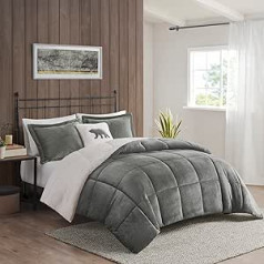 WOOLRICH Alton Ultra Soft Plush to Sherpa Berber Down Alternative Cold Weather Warm Duvet Set Bed Linen King Size, Anthracite/Ivory 4-Piece