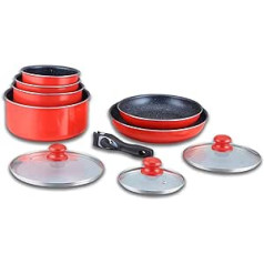 Cookware Set - Induction Set - Pot and Pan for All Hobs - Stone Coated Cooking Set with Removable Handle, HG-5000, Red