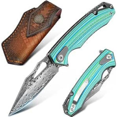 Moontay Damask Pocket Knife Folding Knife Outdoor Sharp Hunting Knife Damascus Steel with G10 Handle Sheath and Clip, Damascus Knife for Bushcraft Camping Survival and Fishing, Collecting Gifts for