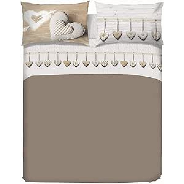 PENSIERI DELICATI Double Bed Bedding Set 100% Cotton, Double Bed Linen 180 x 200 cm Includes Bottom Sheet, Top Sheet and 2 Pillowcases, Made in Italy, Beige Hanging Heart Pattern