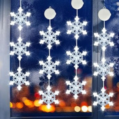 VEEKAY Set of 4 LED Christmas Lights, Christmas Lights, 12 x LED Snowflakes Christmas Elements, Cold White Light Curtain with Suction Cups, Timer, Battery Operated, for Christmas Decoration