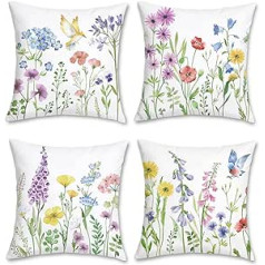 Bonhause Set of 4 Cushion Covers Spring Flowers 45 x 45 cm Garden Flower Birds Velvet Soft Decorative Cushion Covers for Sofa Home Garden Spring Decoration