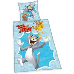 Herding Tom & Jerry Bed Linen Set, Pillowcase 80 x 80 cm with Buttons and Reversible Motif, Duvet Cover 135 x 200 cm, with Button Closure, 100% Cotton/Linen