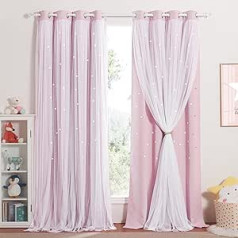 NICETOWN Children's Hollow Star Curtains with Voile Panels, Blackout Eyelet Curtains, Width: 132 cm (Each), Pack of 2
