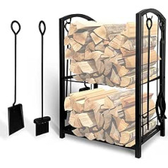 Grandhom Indoor Firewood Rack with 4-Piece Fireplace Tools Set, 2-Layer Firewood Rack and Fireplace Accessories, Wood Stove Metal Firewood Stand with Fireplace Cutlery for Wood Storage, Black, 45 x 30