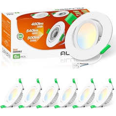 ALUSSO LED Recessed Spotlight, 230 V, 6 W, 3CCT Tilt Recessed Spotlight, LED, Flat, Warm White, 3000 K, Natural White, 4000 K, Cool White, 6500 K, IP20 Recessed Spotlight, LED Dimmable for Kitchen,