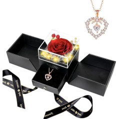 Eternal Rose with LED Lights, Eternal Red Rose with 925 Sterling Silver Heart Necklace, Preserved Rose Jewellery, Gifts for Valentine's Day, Mother's Day, Birthday, Anniversary, with Exquisite Gift