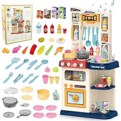 KalaDuck Children's Play Kitchen Toy, Multifunctional Kitchen Play Set with Cooking Stove, Steam Sprayer, Sink, Oven and Kitchen Accessories, 65 Pieces Role Play Kitchen Toy Gift for Children (Blue)