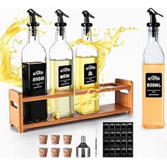 SAEIV Vinegar and Oil Bottles Set with Bamboo Stand, Glass Oil Bottles for Filling, Oil Dispenser Kitchen with Racks, Oil Bottle with Spout, 4 x 500 ml