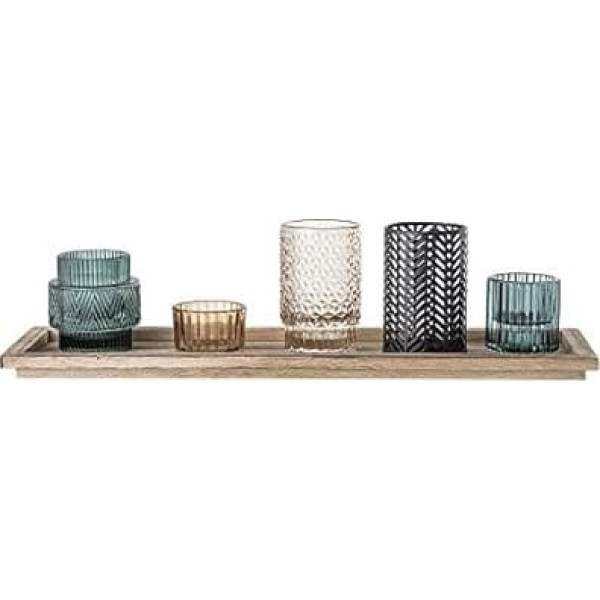 Bloomingville Set of 6 Tea Light Holders with Tray as Table Decoration for Home and Garden Lantern, Brown, Blue, Grey, Black, Glass, Set of 6