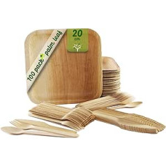 Disposable Tableware of 100 Pieces, 25 Square Palm Leaf Plates of 20 cm, Birch Wood Cutlery Set with 25 Spoons, 25 Forks and 25 Knives, Rustic, Elegant and Biodegradable