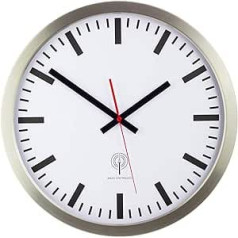 Eurotime Radio Wall Clock, 40 cm, Stainless Steel Case, Silver, Real Glass, Station Dial, Automatic Time and Time Adjustment, Wall Clock for Living Area or Office, Red, for Indoor Use, 56862-07