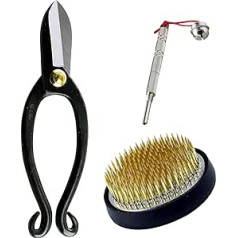 Wazakura 3 Piece Japanese Ikebana Tool Set, Made in Japan, Flower Arrangement Set - Ikenobo Scissors + 61mm Round Brass Kenzan + Kenzan Care Tool
