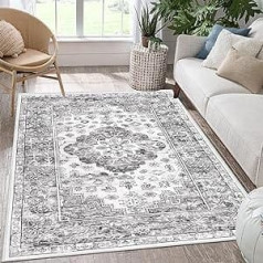 Enyhom Vintage Living Room Rug, 90 x 150 cm, Bohemian Fluffy Short Pile Rug, Super Soft, Washable Bedroom Rug, Non-Slip, Traditional Modern Rug for Dining Room, Kitchens, Grey