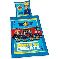 Herding Fireman Sam Bed Linen Set, Pillowcase 80 x 80 cm with Buttons and Reversible Motif, Duvet Cover 135 x 200 cm, with Button Closure, 100% Cotton/Linen