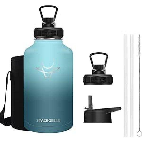 STACEGEELE 2-Litre (2,000 ml) Stainless Steel Drinking Bottle, Straw Lid, BPA-Free, Light, Eco-Friendly, Leak-Proof Water Bottle for Work, Fitness, Travel, Outdoor, Hiking & Camping, 64 ounces, Silent