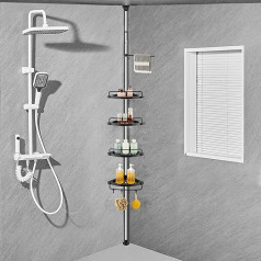 ZHUGE Telescopic Shower Shelf, Adjustable Corner Shower Shelf with 4 Shelves, 4 Hooks, 1 Towel Bar for Bathroom Storage, Rustproof, 70-330 cm Floor to Ceiling, Black