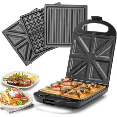 Taylor swoden - Bruno 3 in 1 Sandwich Maker, Waffle Iron, Baking Tray, 1200 W, for 4 Sandwiches, Removable Non-Stick Tray, 180° Turn for Quick and Even Baking, BPA-Free