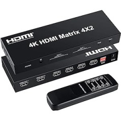 FERRISA 4x2 HDMI Matrix Switch, 4 in 2 Out Matrix HDMI Video Switcher Splitter + Optical & L/R Audio Output, Support Ultra HD 4K x 2K, 3D 1080P, Audio EDID Extractor with IR Remote Control & Power