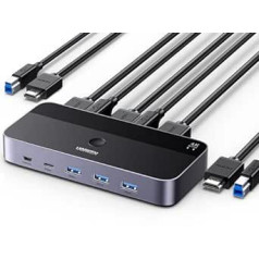 UGREEN HDMI 2.0 KVM Switch 4K @ 60Hz USB 3.0 Switch 4 USB Ports (3 x USB 3.0+ USB C) Sharing 1 Monitor and Keyboard, Mouse, Printer, U Disk for 2 PC with 2 USB Cables and 2 HDMI Cables