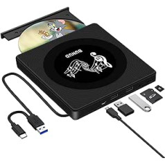 BUNUD External CD DVD Drive USB 3.0 Type-C CD DVD Drive External USB with 2 USB & SD/TF Slots, Portable CD DVD RW ROM Burner for Laptop PC Mac MacBook Pro Air Windows 11/10 Apple