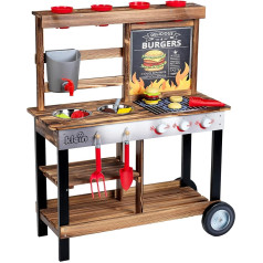 Theo Klein 2368 Beach Picnic - BBQ Country Summer Kitchen, Wooden Mud Kitchen with Barbecue and Plant Station, Includes Accessories, Toy for Children from 3 Years